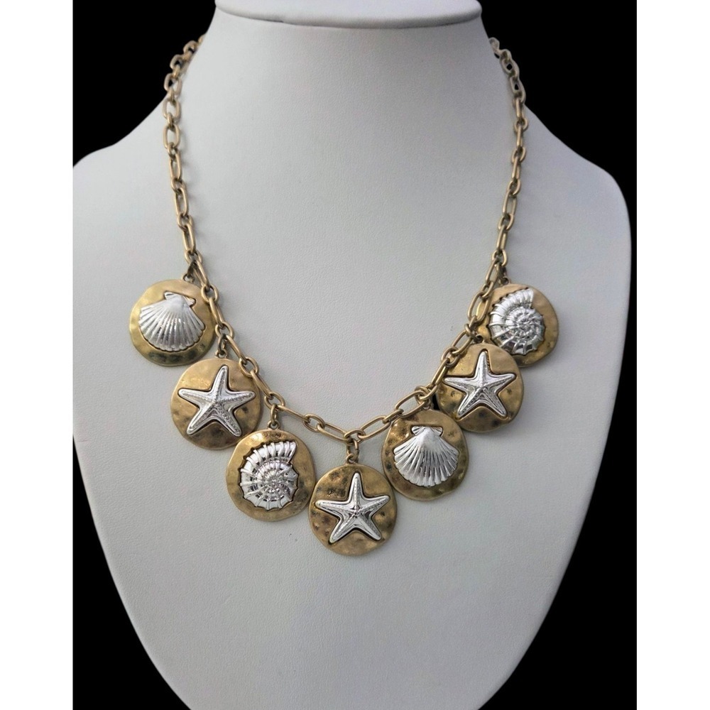 Silver Gold Tone Beachy Starfish Seashells Ocean Medallion Beach Charm Necklace